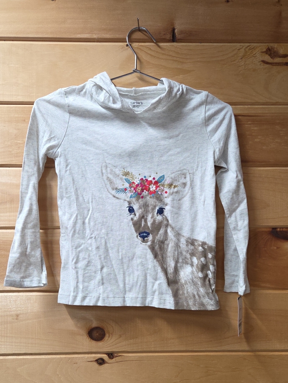 Carter's Kids Beige Hooded Long-Sleeve Shirt with Floral Deer Graphic